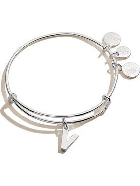 Initial V Silver Expandable Bangle Initials Letter Charm Bracelet, Shiny Finish
